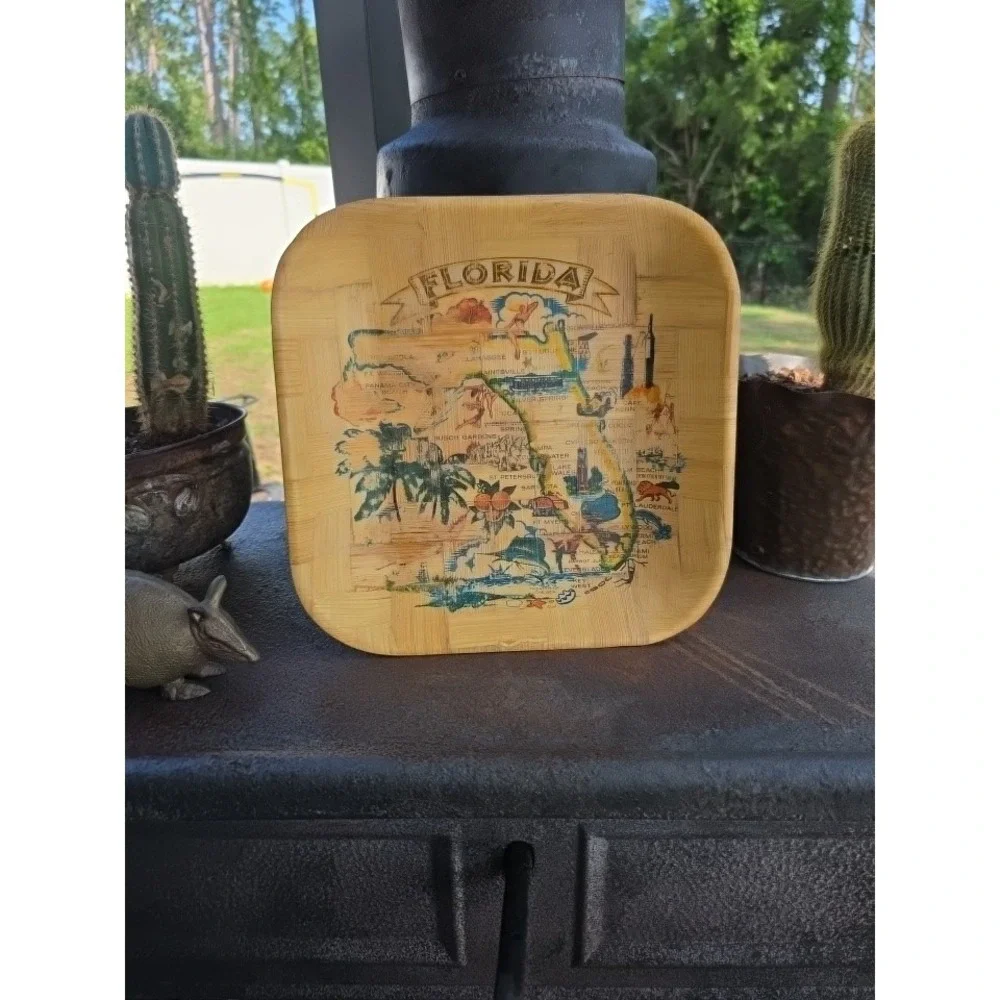 VTG Florida Souvenir Bamboo Tray 11x11 Map Palm‎ Trees Mid Century Tiki Decor